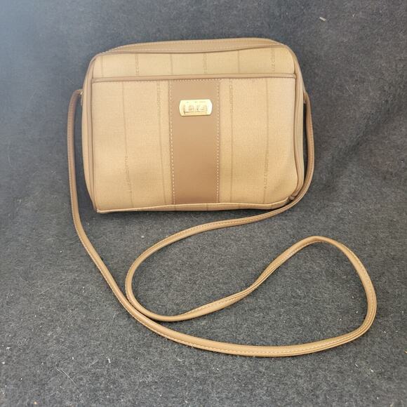 Liz Claiborne Crossbody Purse Cream and Tan Light Stripes Vegan Faux Leather - Picture 1 of 14